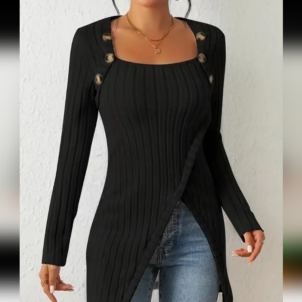 Women's Plus Size Cozy Long Sleeve Assymetrical Black Sweater